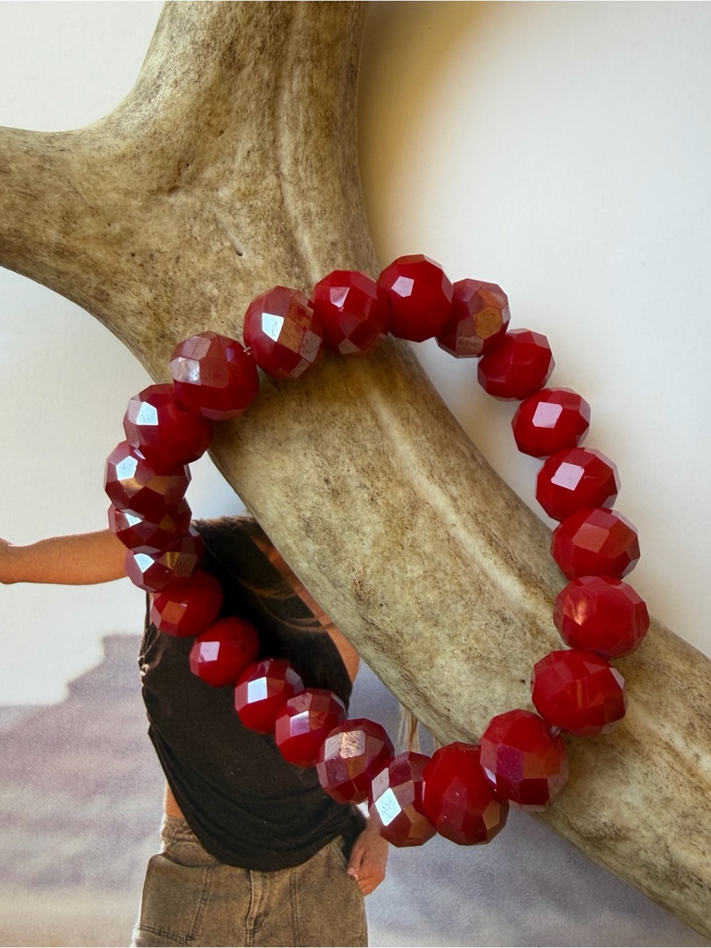 Deep Red Faceted Crystal Bead Stretch Bracelet – Boho Statement Jewelry